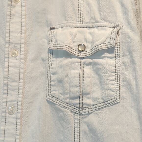 Rerun Mens White Button Front Shirt Roll Tab Sleeves Pearl Snap Large Western - Picture 3 of 8